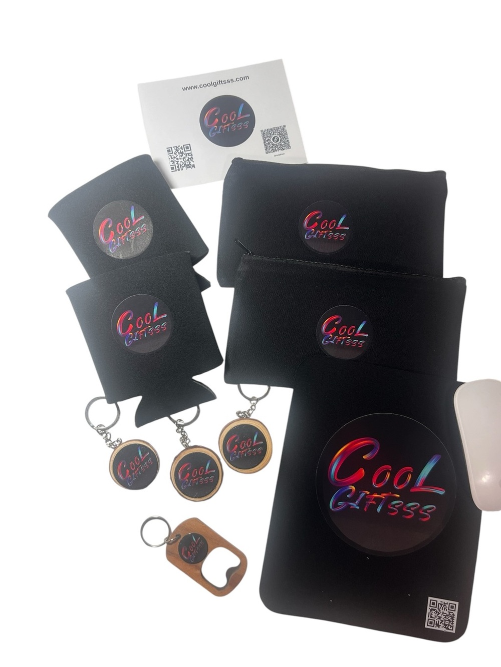Pick 2 Customer appreciation gifts. Mouse pads, makeup bag, keychains, koozie